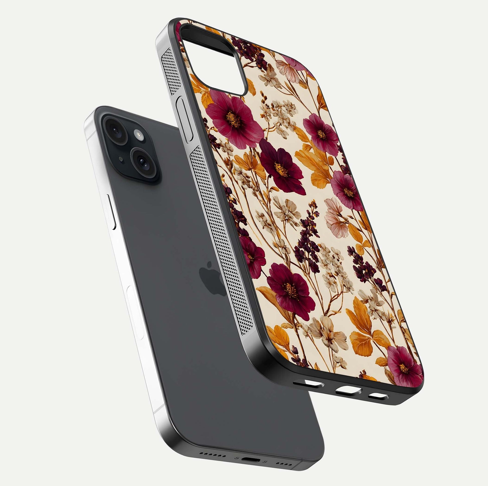 Autumn Wine Bloom Glass Case for iPhone 15 Plus floating mockup with premium floral gradient and protection edge