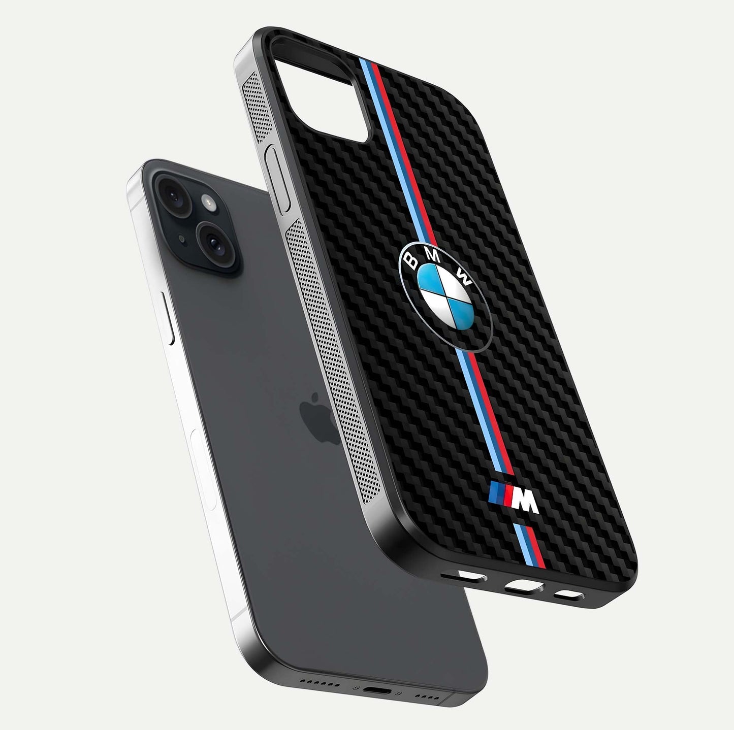 BMW Pattern Glass Case for iPhone 15 Plus floating mockup highlighting clean lines and metallic accent reflection