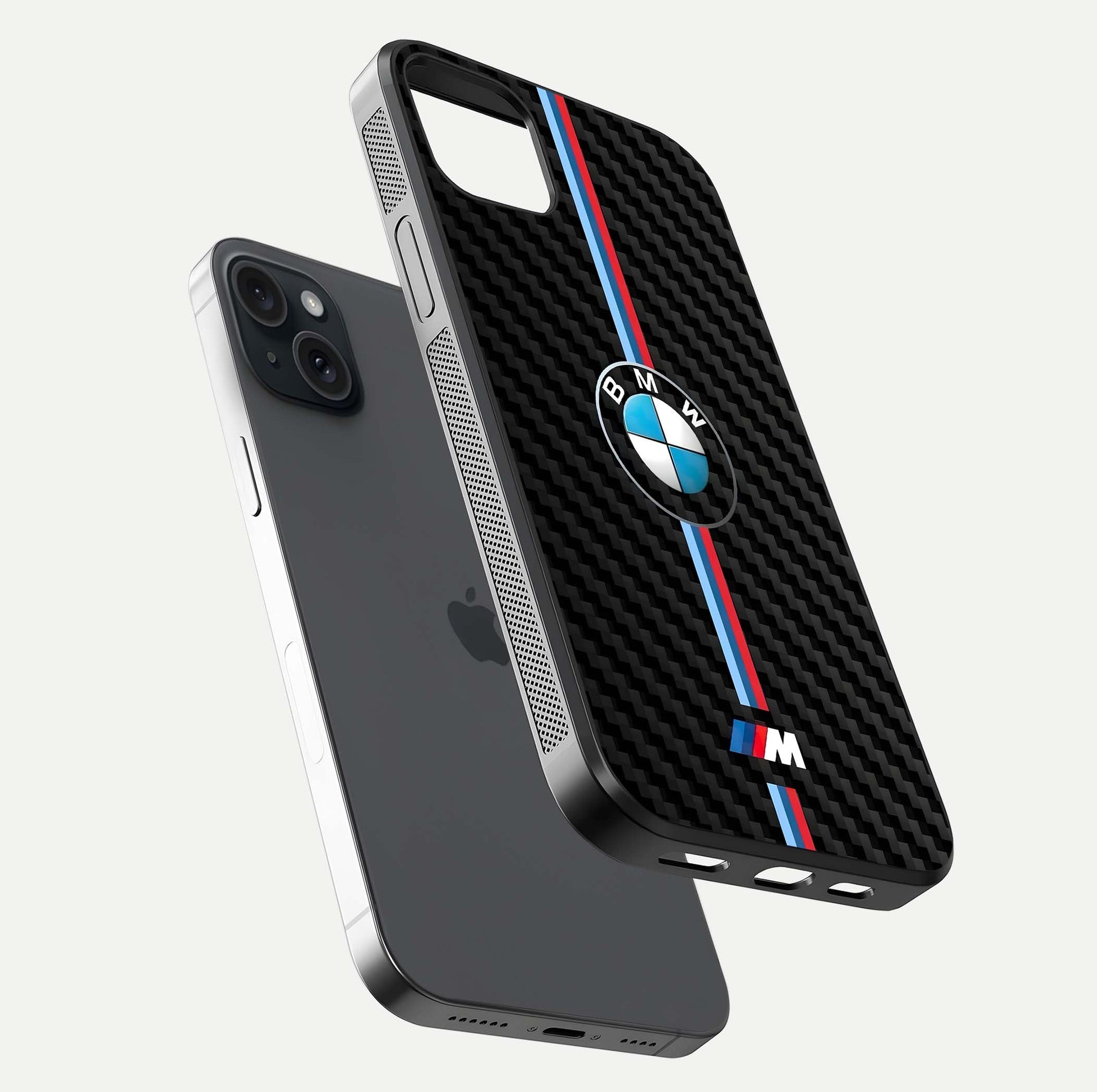 BMW Pattern Glass Case for iPhone 15 Plus floating mockup highlighting clean lines and metallic accent reflection