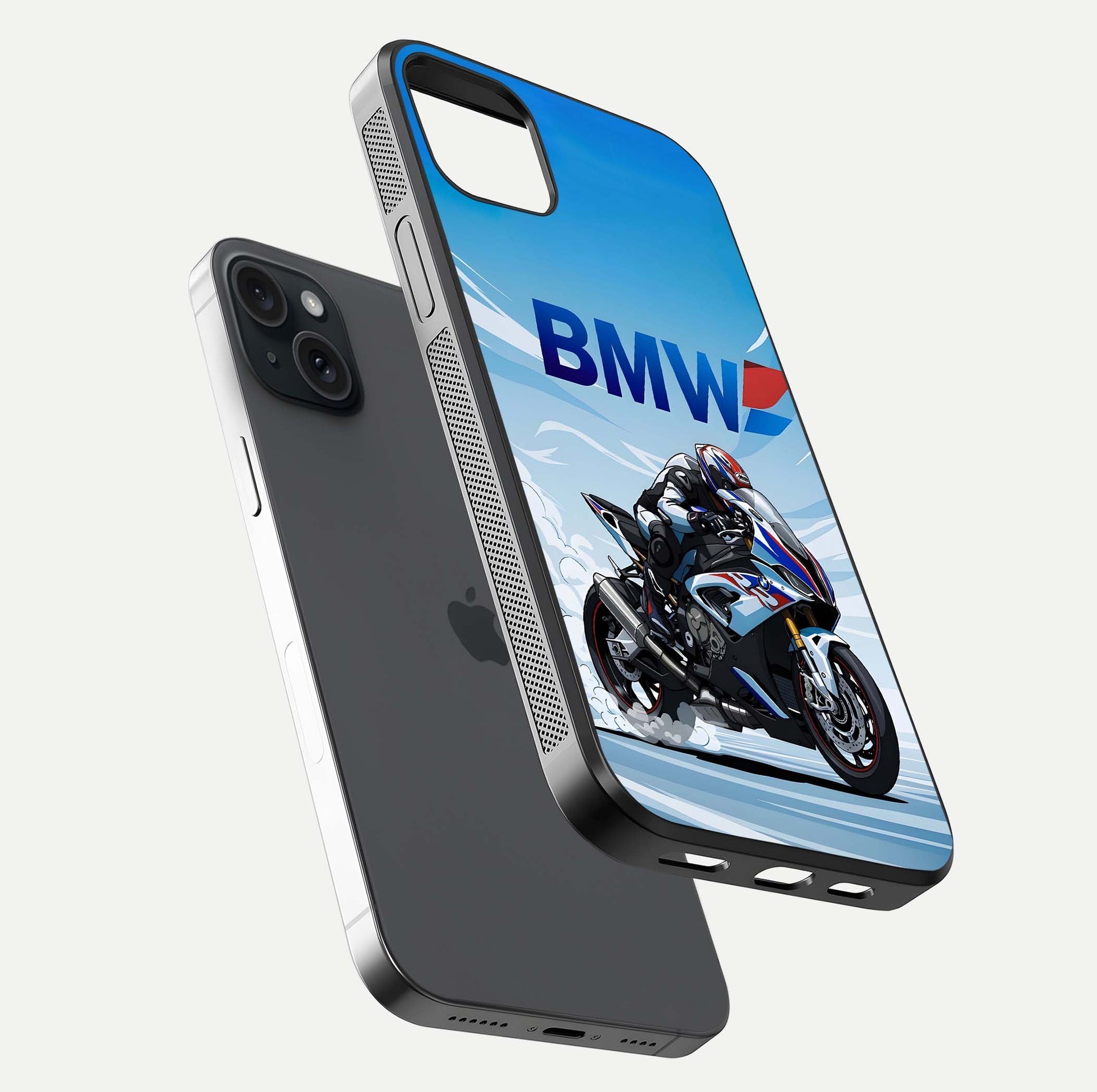 BMW Power Drift Glass Case for iPhone 15 Plus floating mockup displaying bold drift artwork and glossy polish