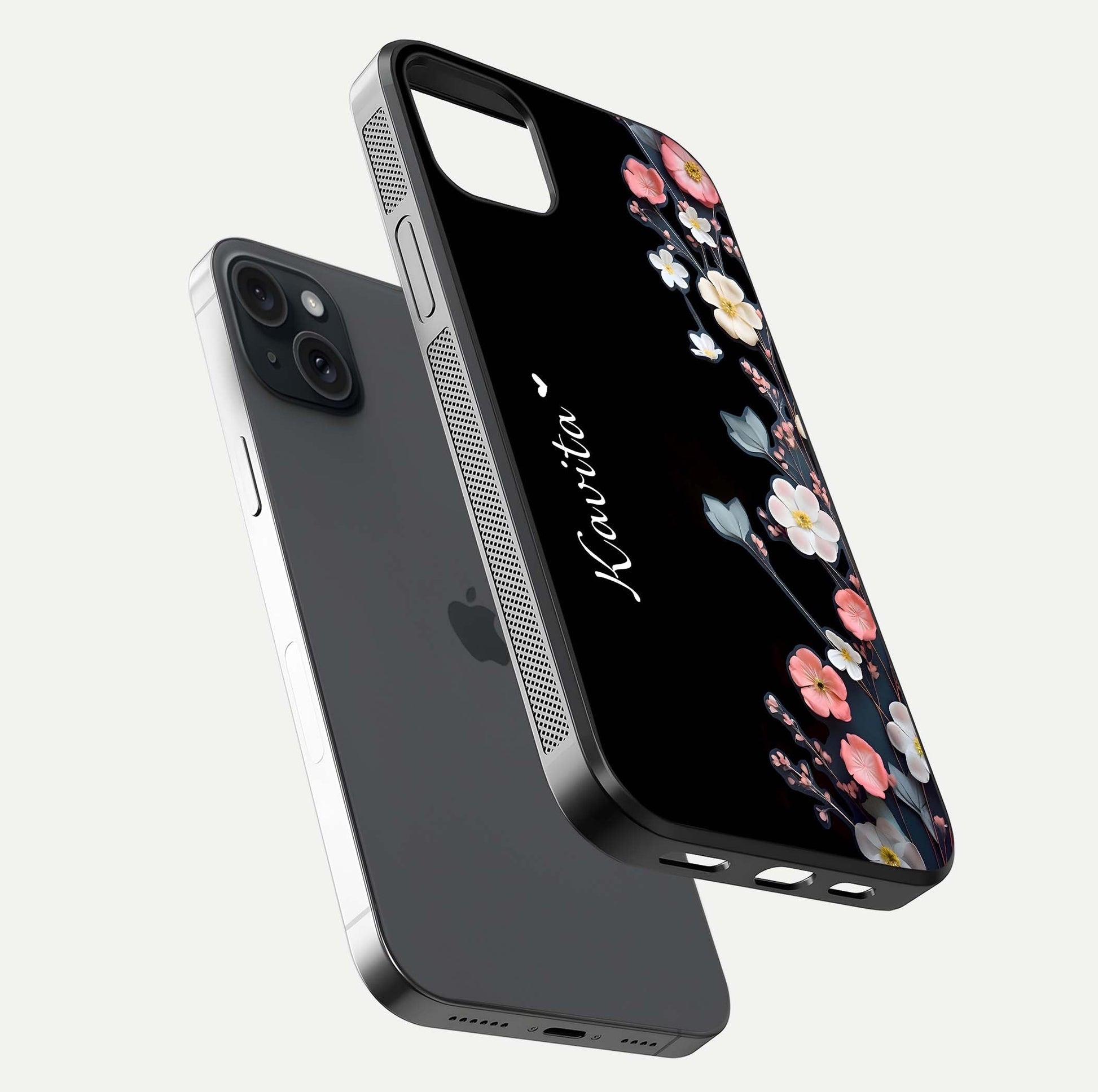 Black Elegance Floral Custom Name Glass Case for iPhone 15 Plus floating mockup emphasizing premium shine and floral art