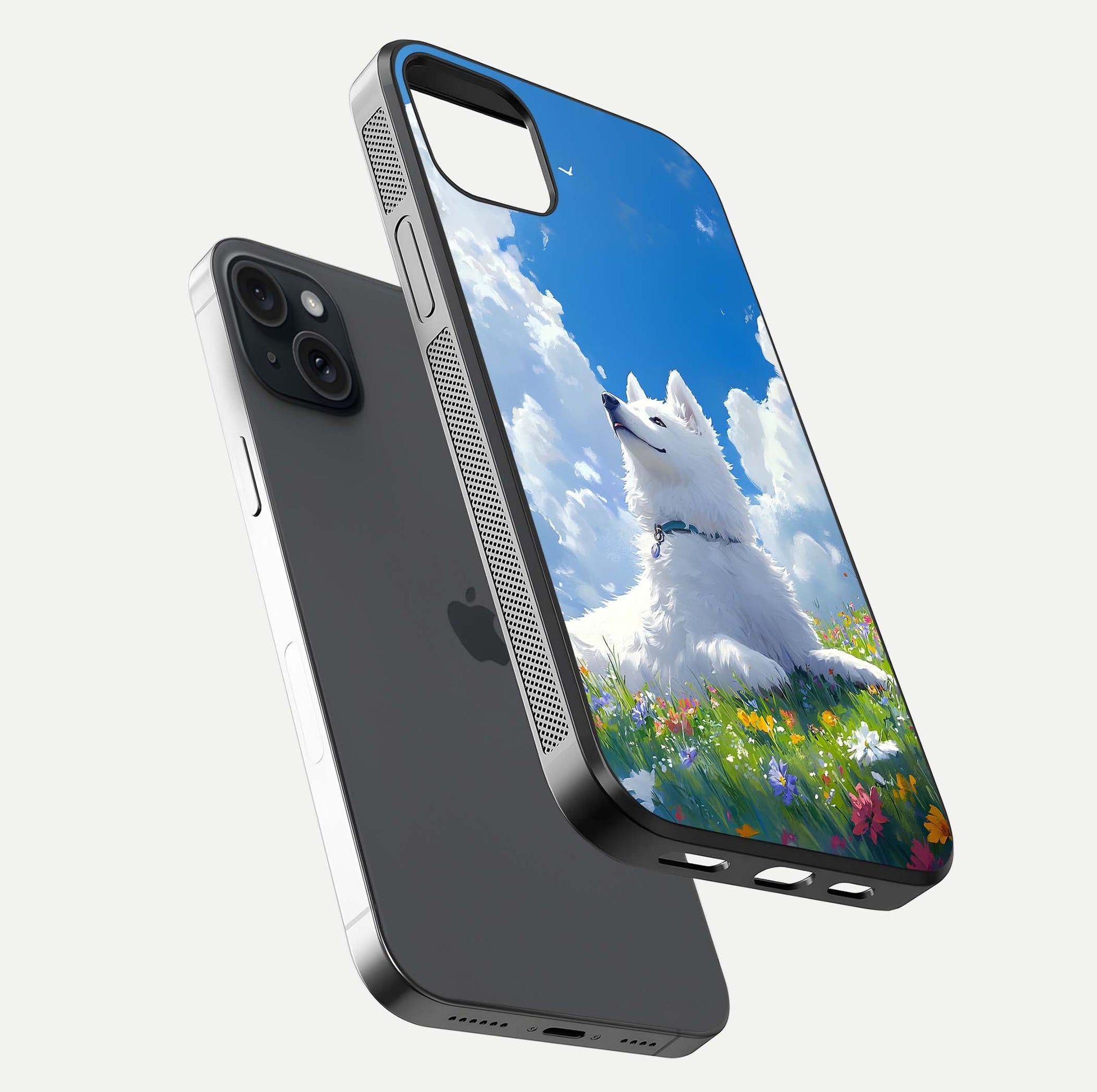 Blissful Cloud Pup Glass Case for iPhone 15 Plus floating mockup capturing playful aesthetic and gloss finish