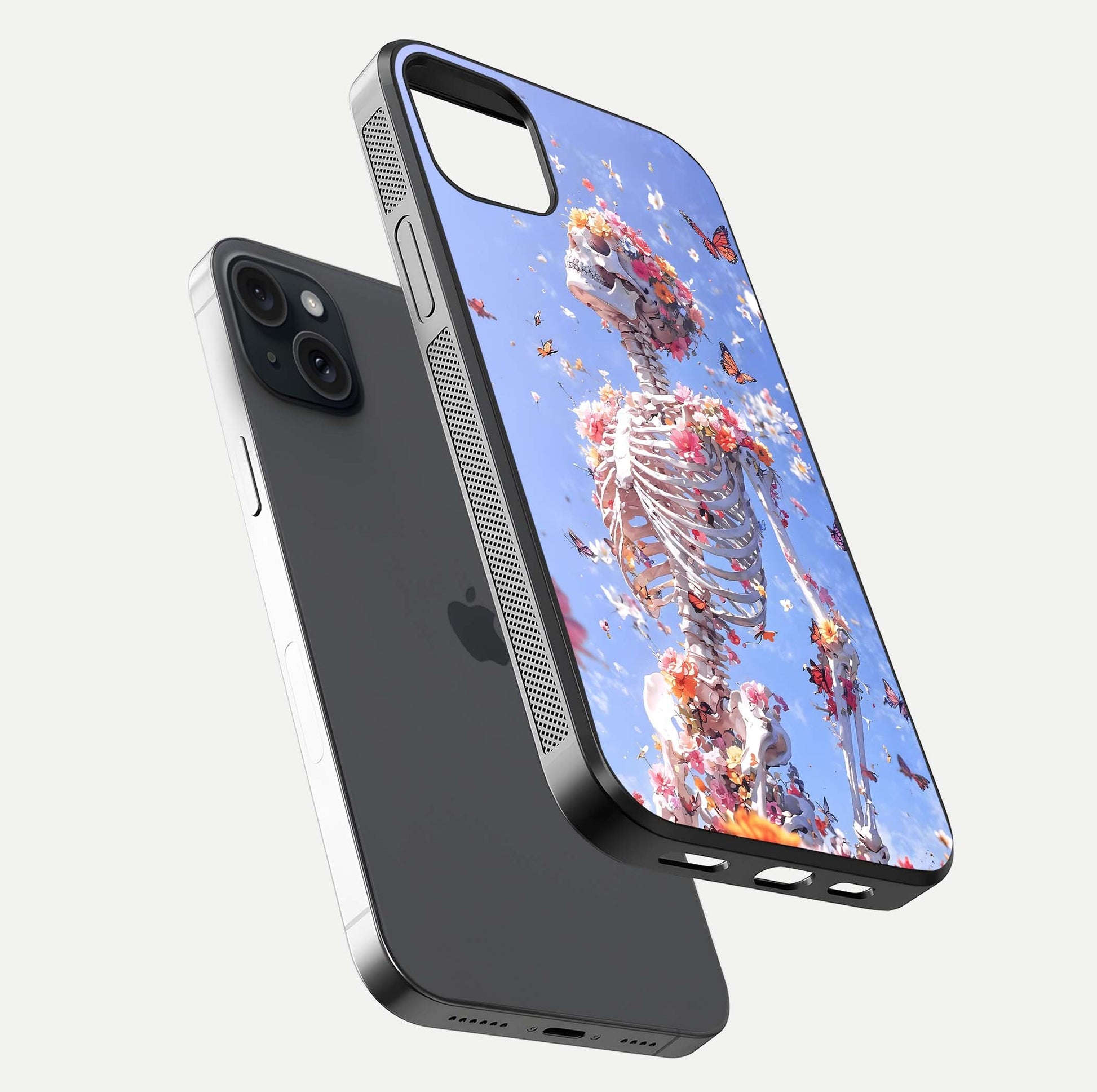 Bloom Beyond Bones Glass Case for iPhone 15 Plus floating mockup displaying shine, texture, and gloss detail