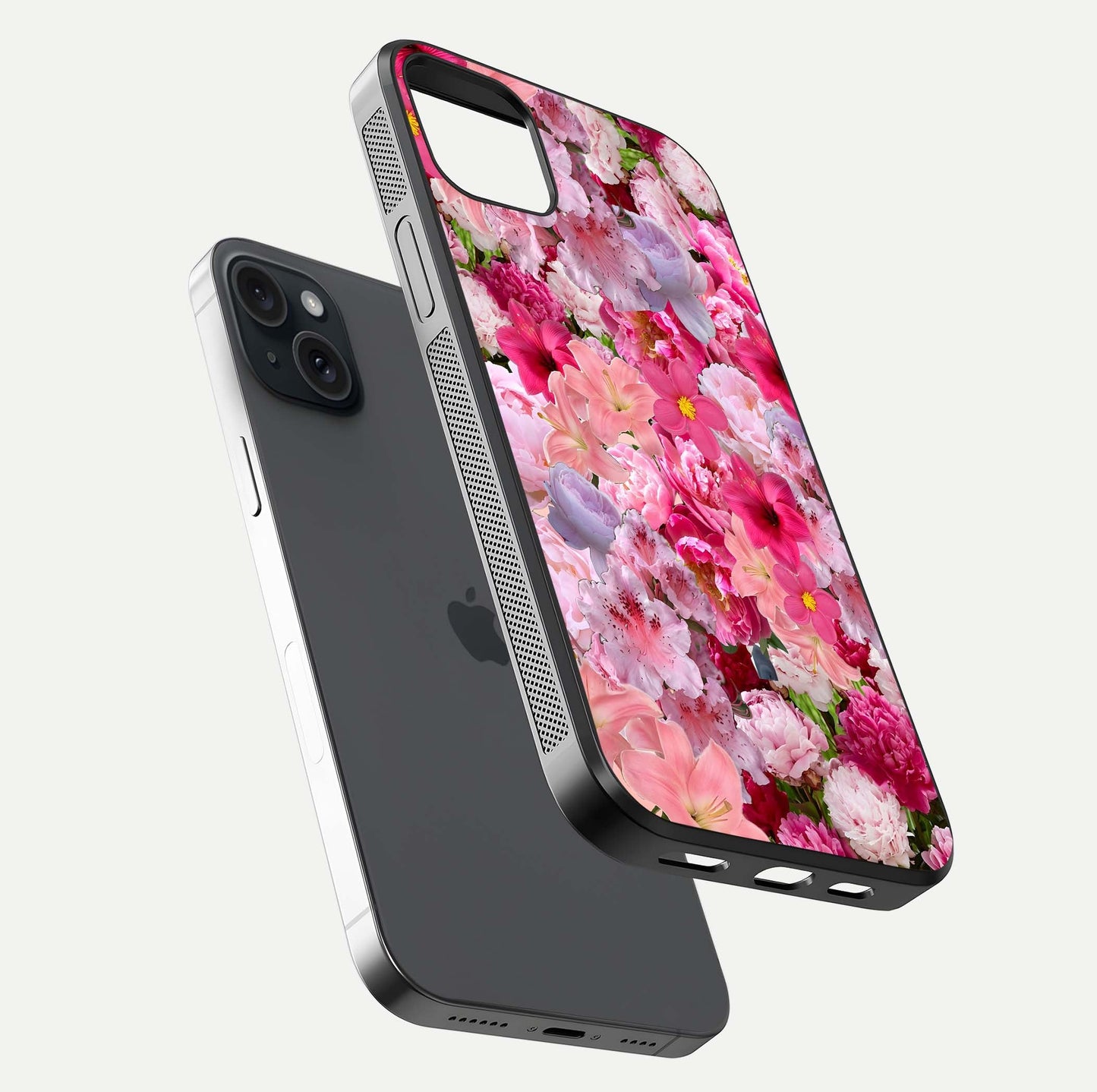 Bloom Crush Fantasy Glass Case for iPhone 15 Plus floating mockup showing floral pattern clarity and HD glass