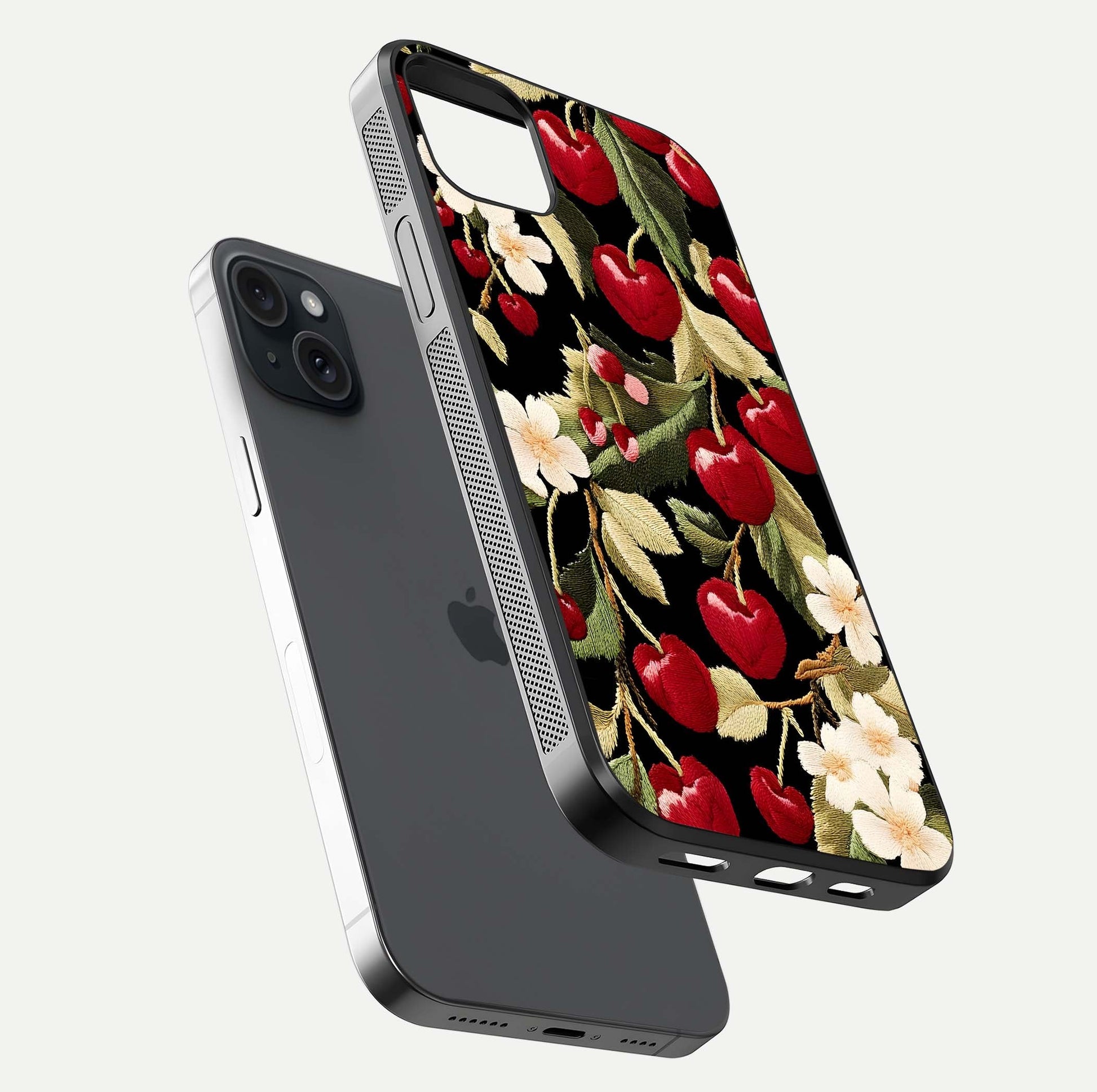 Bloom Thread Art Glass Case for iPhone 15 Plus floating mockup showing premium reflection and stitched art vibe