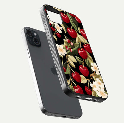 Bloom Thread Art Glass Case for iPhone 15 Plus floating mockup showing premium reflection and stitched art vibe