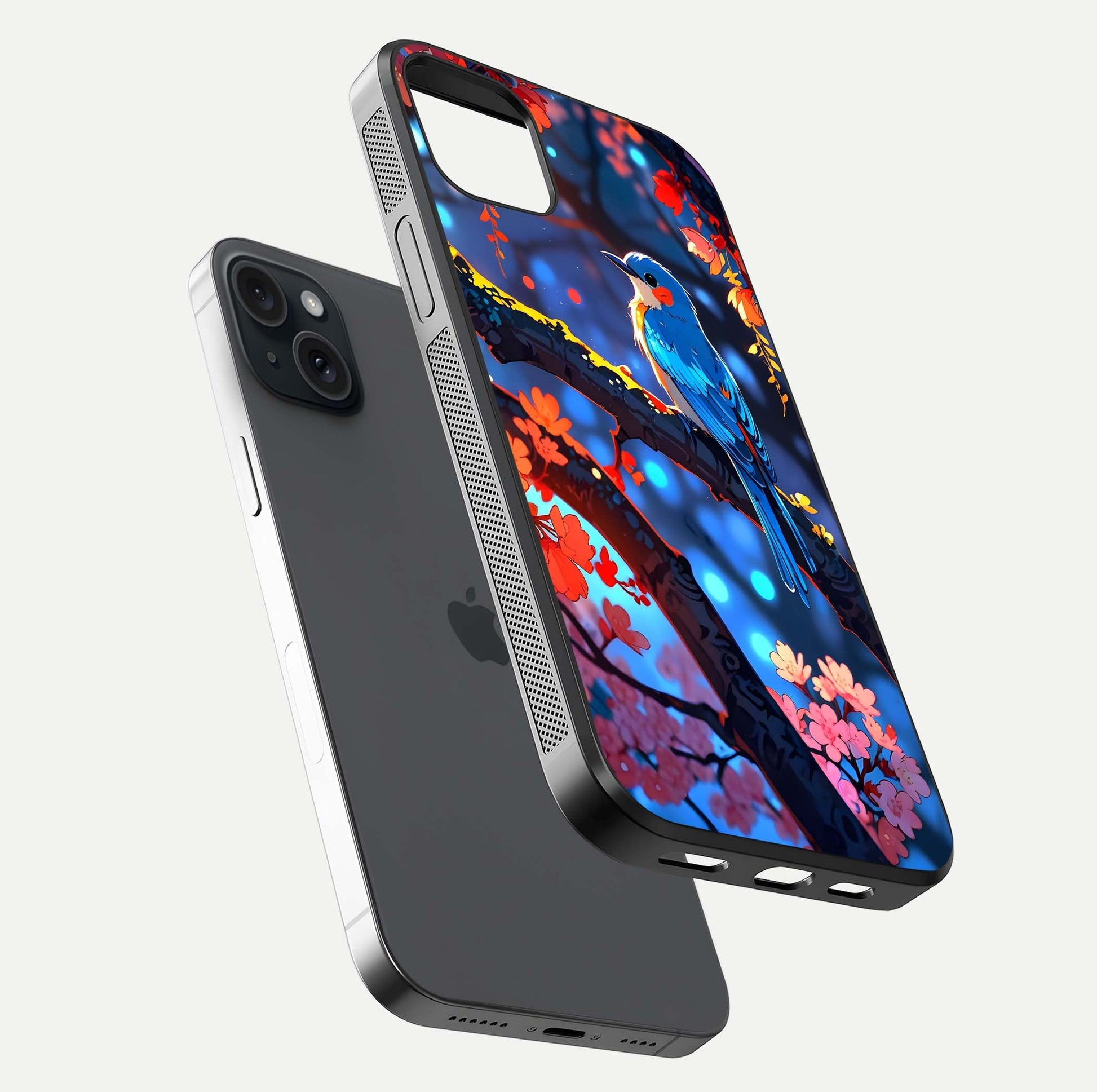 Blooming Spendor Bird Glass Case for iPhone 15 Plus floating dual-mockup capturing gloss tone and curved texture