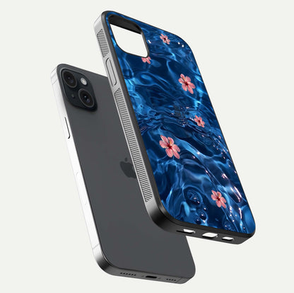 Blooming Water Drift Glass Case for iPhone 15 Plus floating dual-view mockup showing floral drift pattern and reflective surface