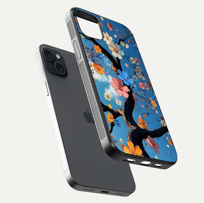Blossom Dream Sky Glass Case for iPhone 15 Plus floating dual-mockup displaying smooth finish and elegant sky tones