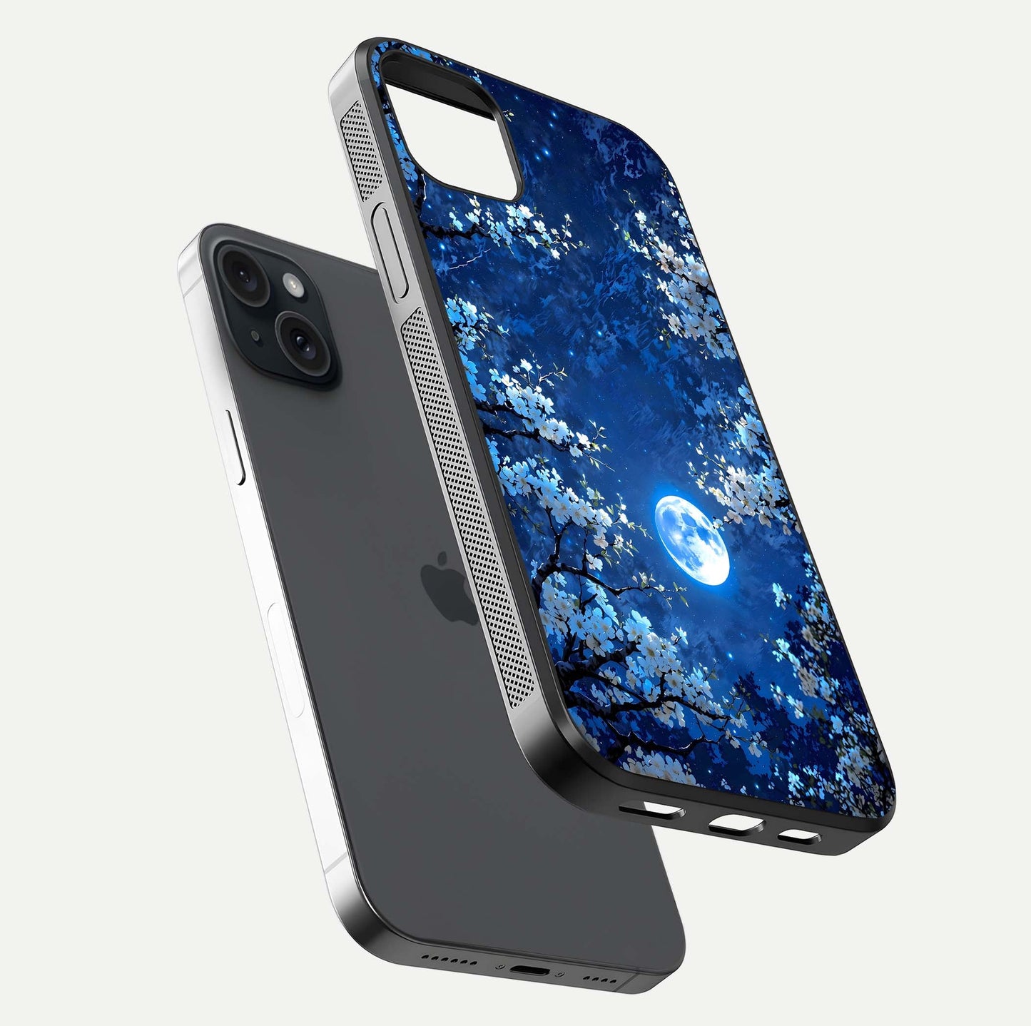 Blossom Moonlight Sky Glass Case for iPhone 15 Plus floating mockup showing glowing moon accent and HD gloss texture