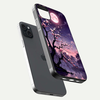 Blossom Pink Moon Glass Case for iPhone 15 Plus floating mockup emphasizing dreamy pink moon aura and smooth finish