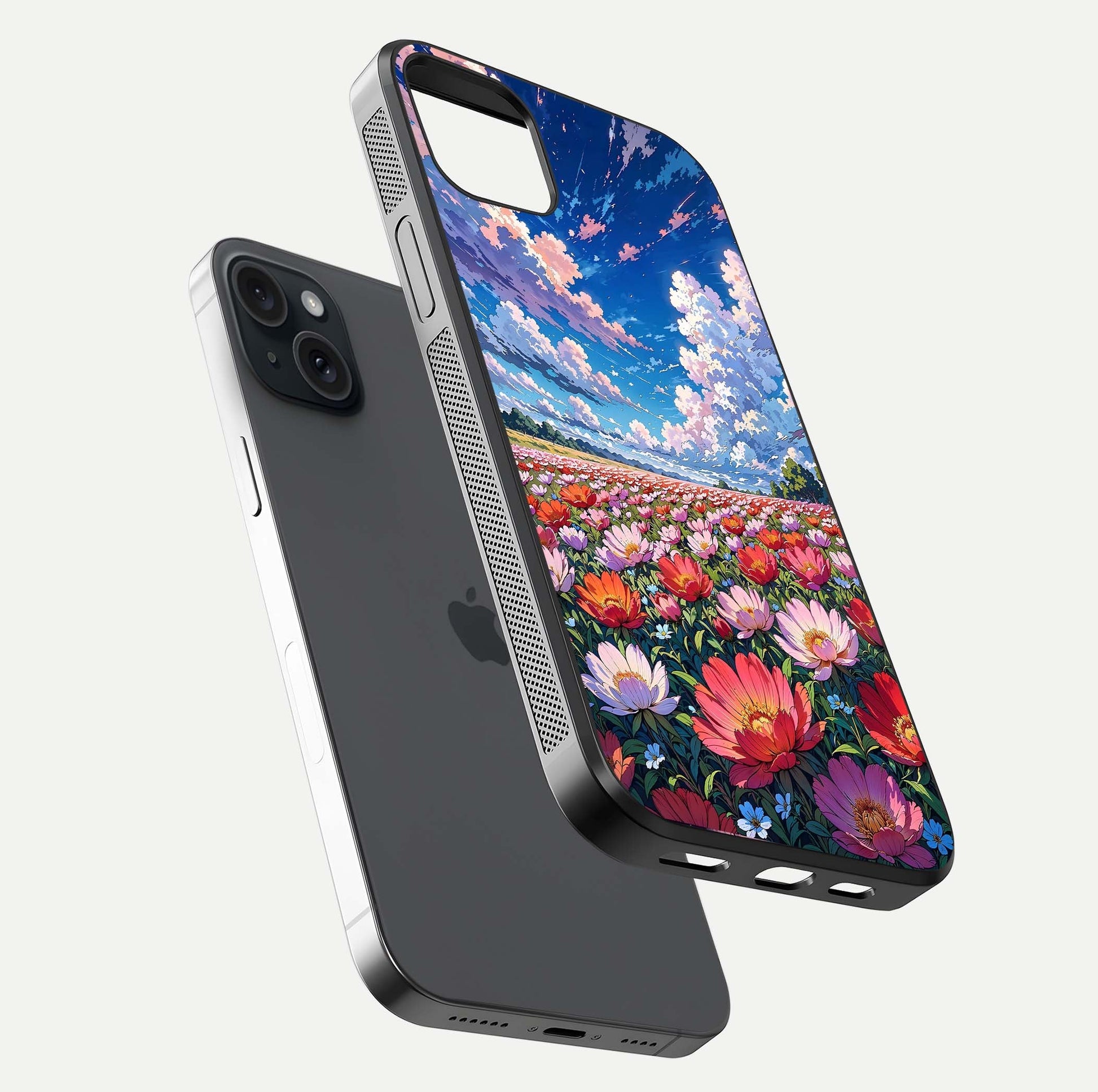 Blossom Sky Field Glass Case for iPhone 15 Plus floating mockup displaying sky bloom concept with smooth finish