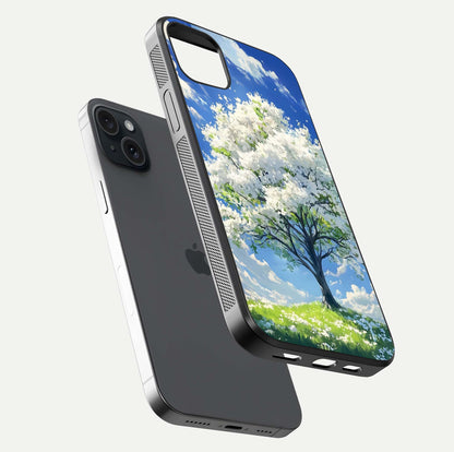 Blossom Sky Serenity Glass Case for iPhone 15 Plus floating mockup capturing gloss surface and tranquil design
