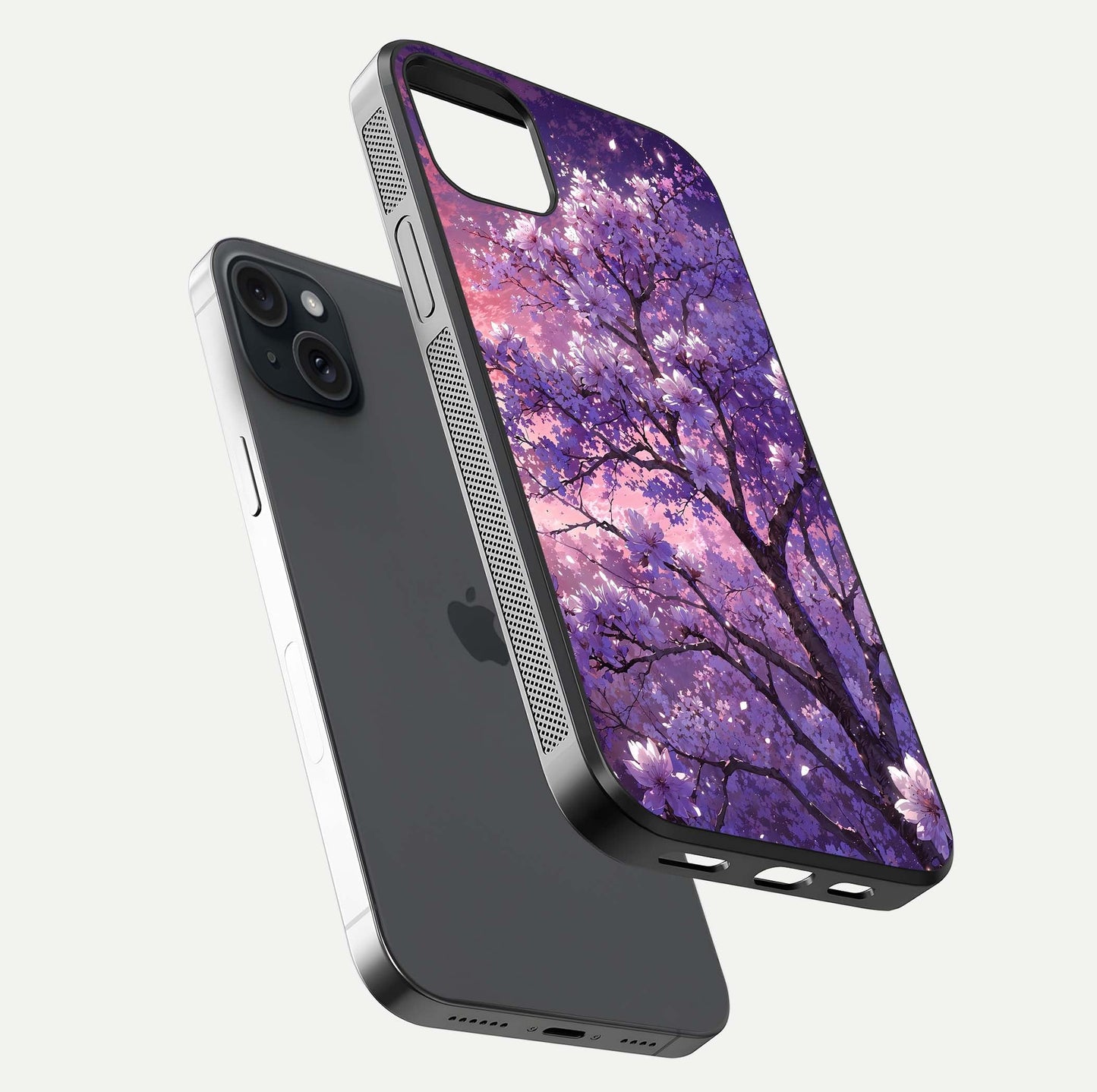 Blossom Tree Glass Case for iPhone 15 Plus floating dual-mockup displaying texture detail and curved edges