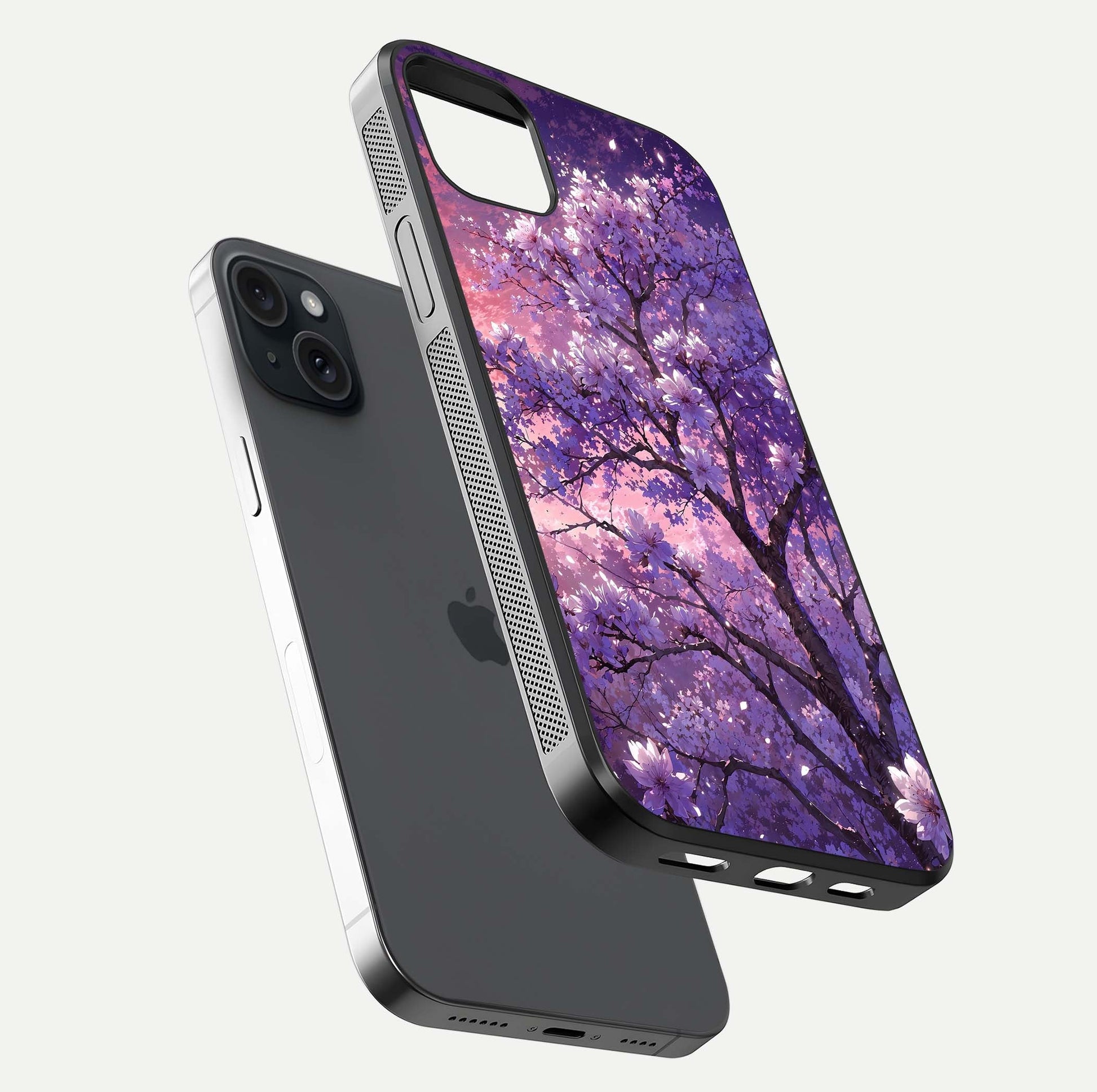 Blossom Tree Glass Case for iPhone 15 Plus floating dual-mockup displaying texture detail and curved edges