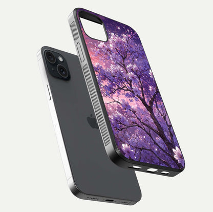 Blossom Tree Glass Case for iPhone 15 Plus floating dual-mockup displaying texture detail and curved edges