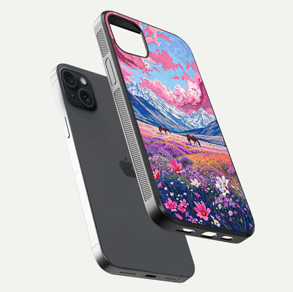 Blossom Valley Dream Glass Case for iPhone 15 Plus floating mockup showing floral valley blend and reflective surface
