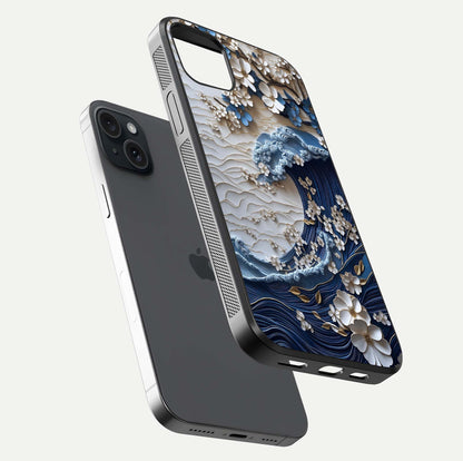 Blossom Wave Art Glass Case for iPhone 15 Plus floating mockup displaying pattern details and reflective shine