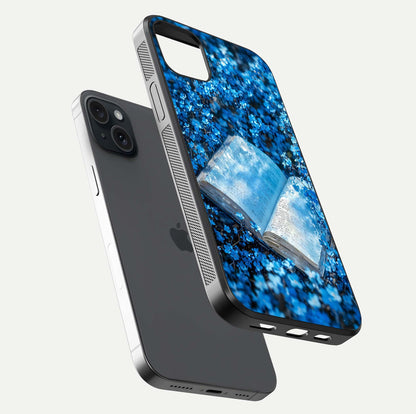 Blue Bloom Tales Glass Case for iPhone 15 Plus floating mockup showing detailed bloom and reflective surface