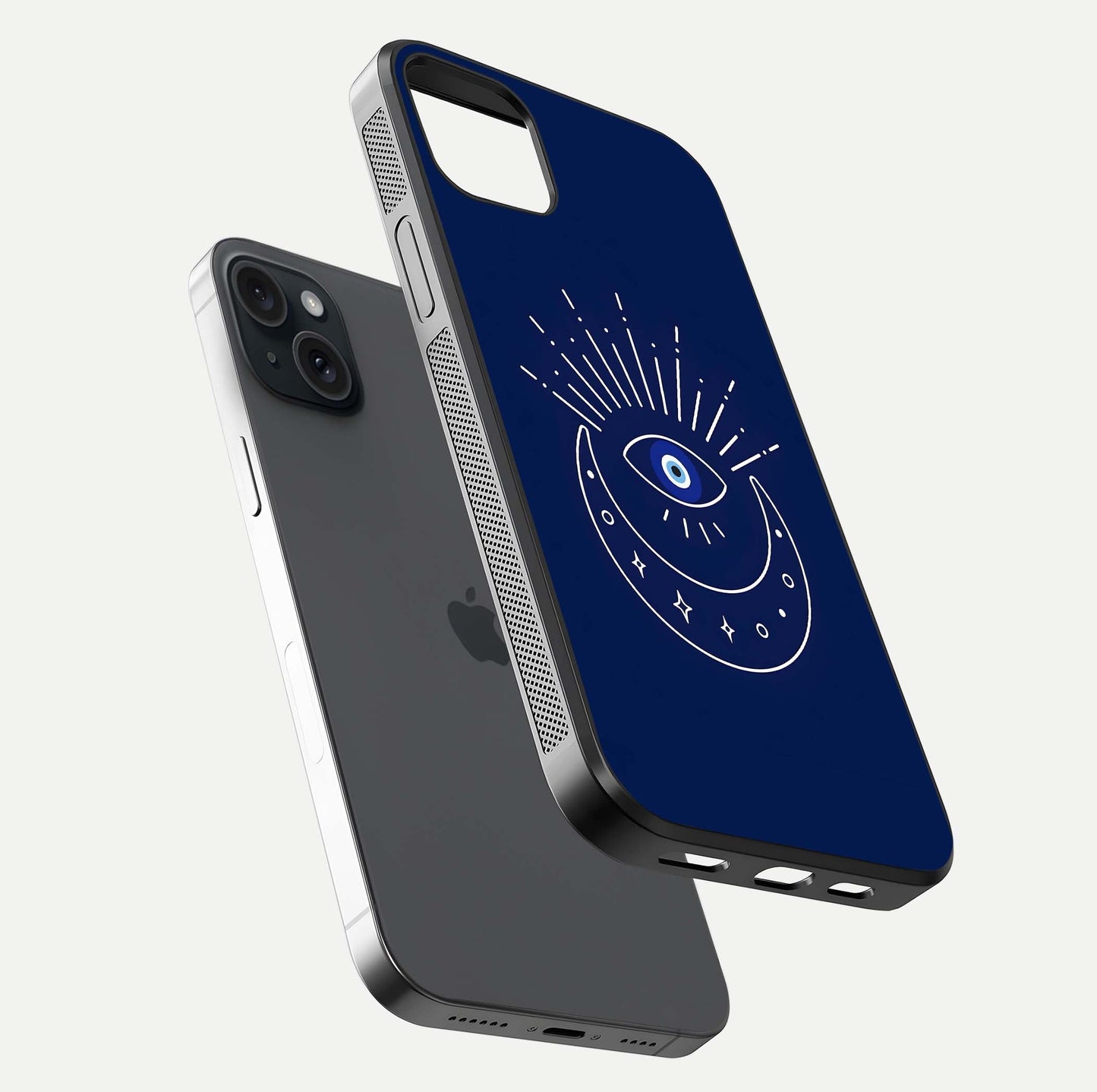 Blue Evil Eye Glass Case for iPhone 15 Plus floating mockup displaying glossy protection and spiritual artwork