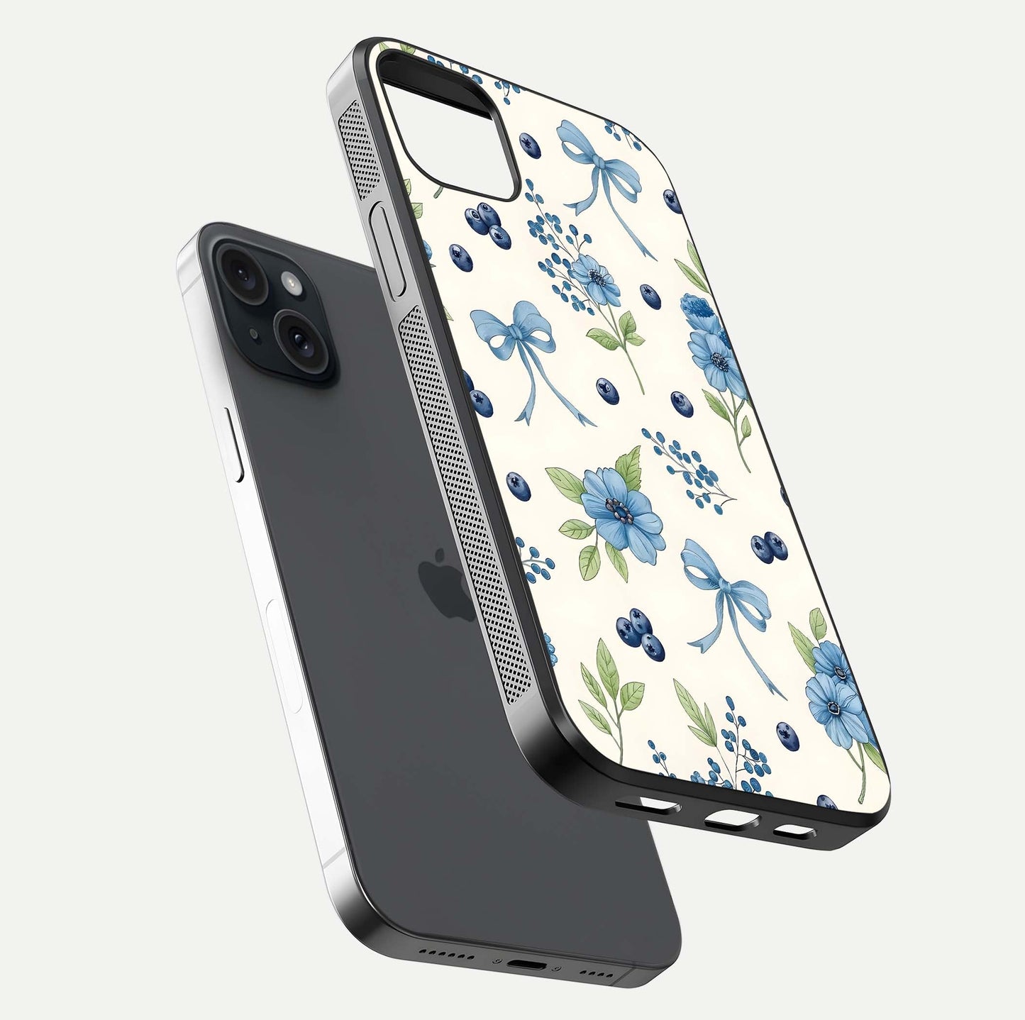 Blue Flower & Bow Glass Case for iPhone 15 Plus floating mockup capturing gloss reflection and girly aesthetic