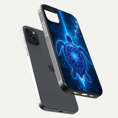 Blue Galaxy Turtle Glass Case for iPhone 15 Plus floating dual-mockup showing gloss depth and color transitions