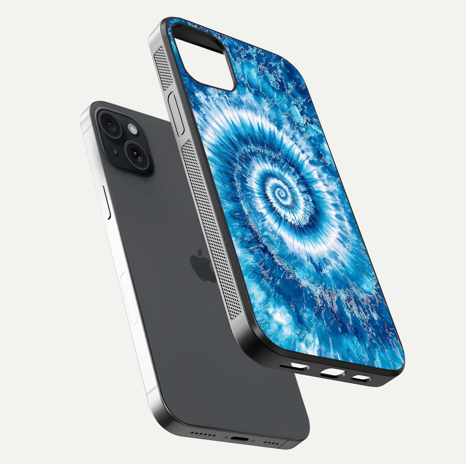 Blue Galaxy Wave Glass Case for iPhone 15 Plus floating mockup revealing cosmic depth and curved-edge texture