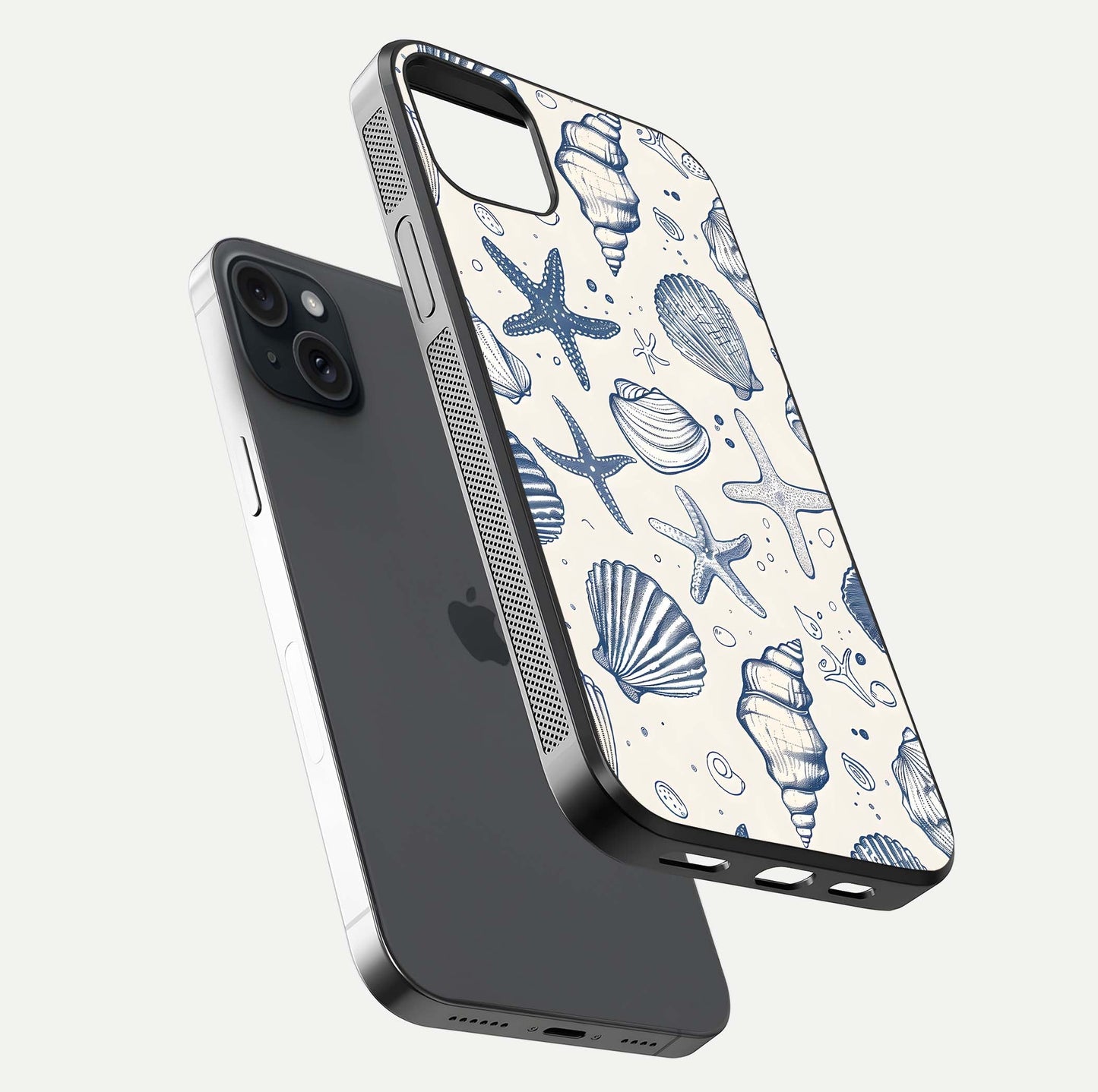 Blue Ocean Outline Glass Case for iPhone 15 Plus floating mockup displaying marine-inspired aesthetic and smooth surface