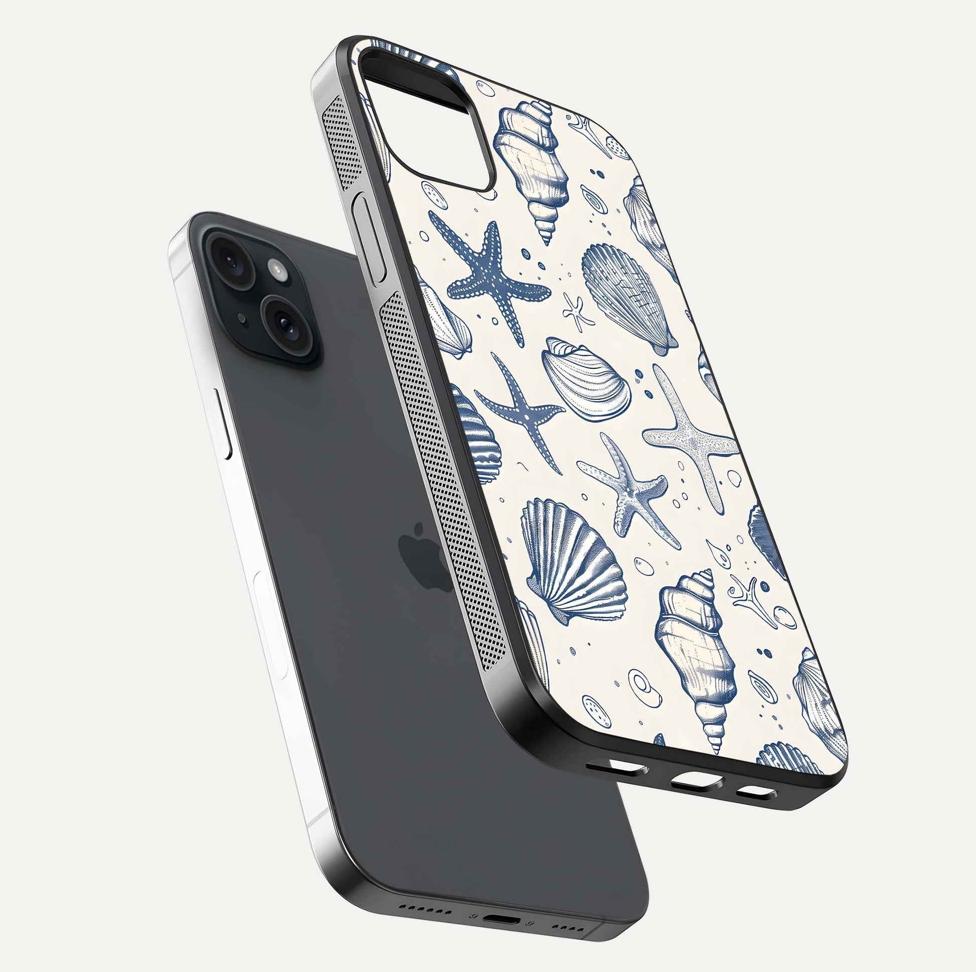 Blue Ocean Outline Glass Case for iPhone 15 Plus floating mockup displaying marine-inspired aesthetic and smooth surface