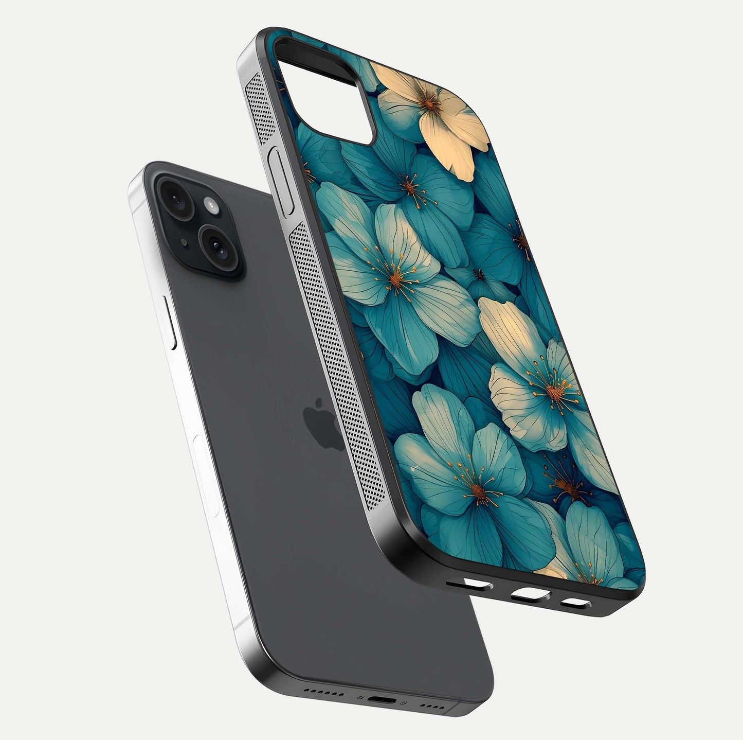 Blue Shade Floral Glass Case for iPhone 15 Plus floating mockup revealing gloss highlight and floral depth