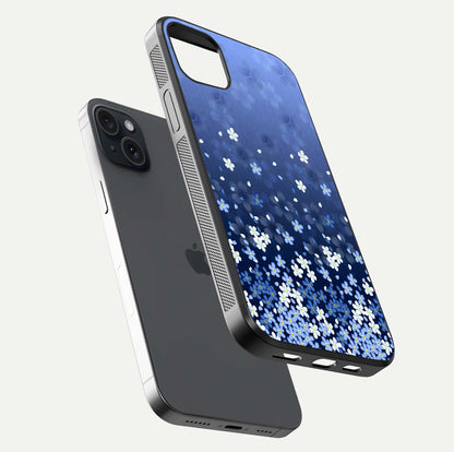 Blue Starry Glass Case for iPhone 15 Plus floating mockup capturing cosmic tone and HD gloss texture