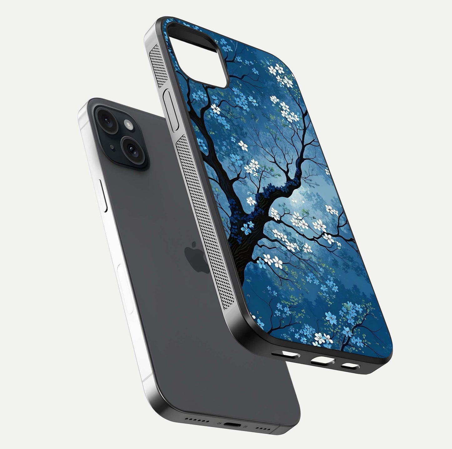 Blue Tree Serenity Glass Case for iPhone 15 Plus floating mockup displaying serene tones and HD glass polish