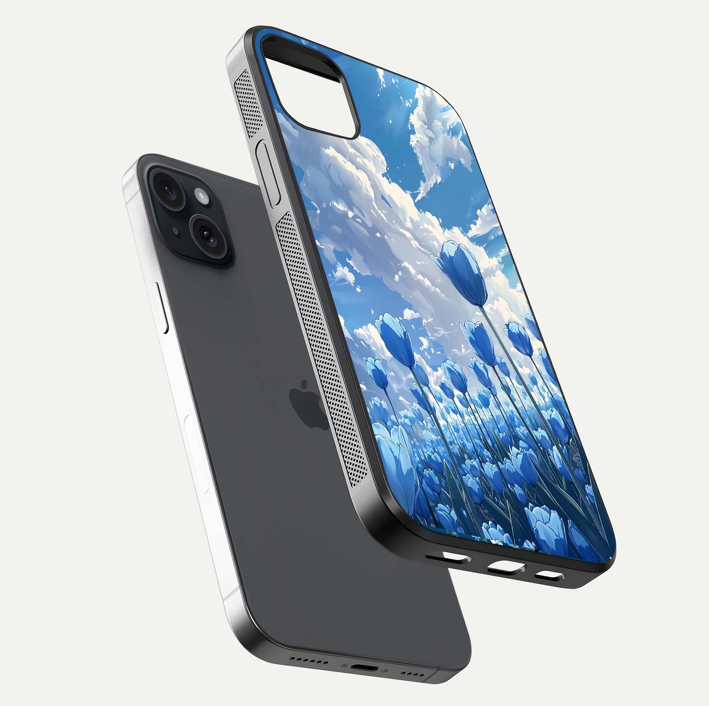Blue Tulip Clouds Glass Case for iPhone 15 Plus floating mockup displaying tulip-cloud fusion art and smooth glass gloss