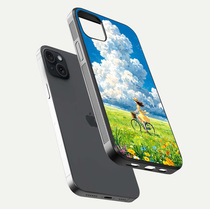 Breezy Meadow Ride Glass Case for iPhone 15 Plus floating mockup capturing serene tones and smooth finish