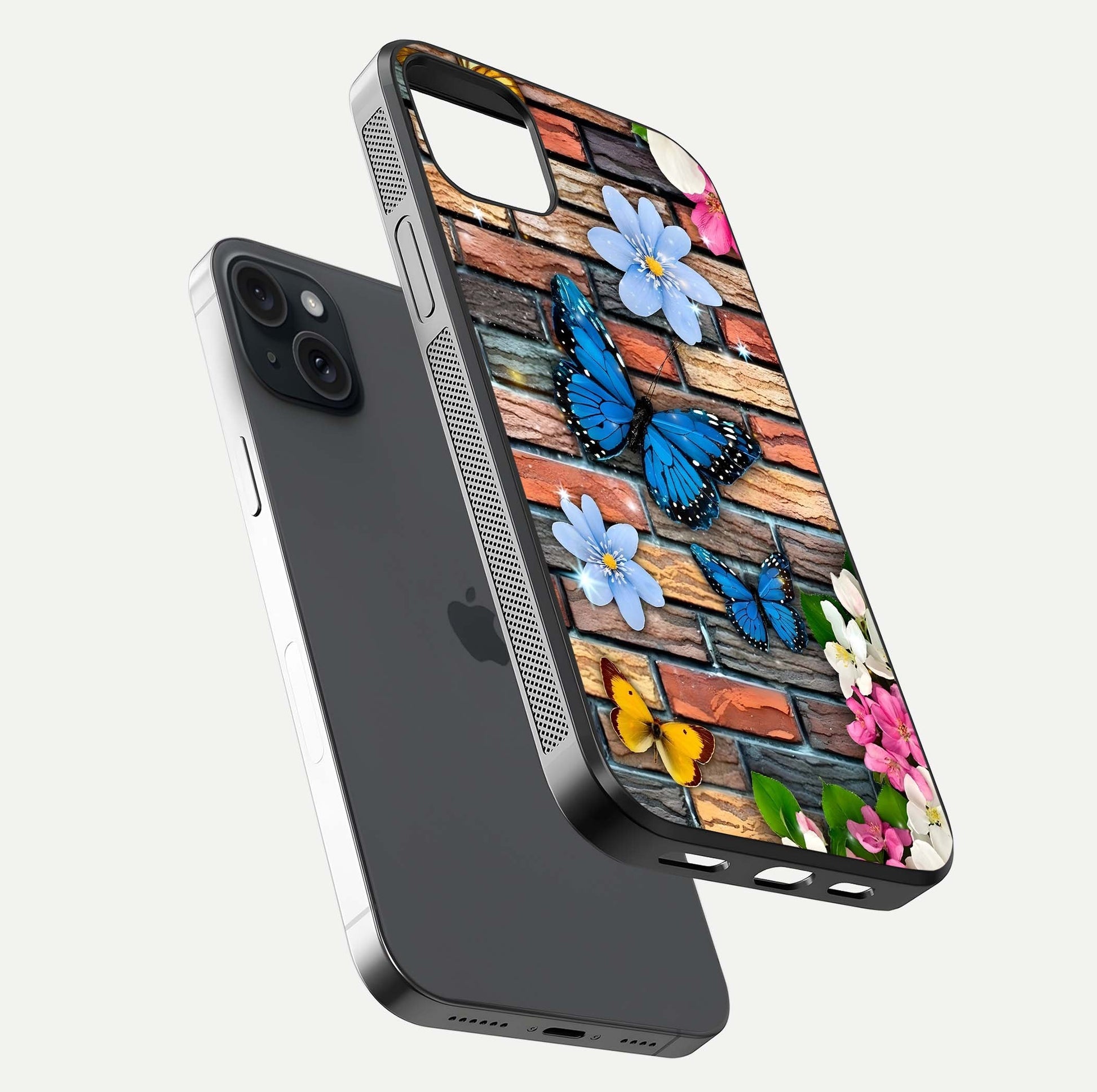 Brick Bloom Flight Glass Case for iPhone 15 Plus floating mockup displaying gloss reflection and pattern vibrancy