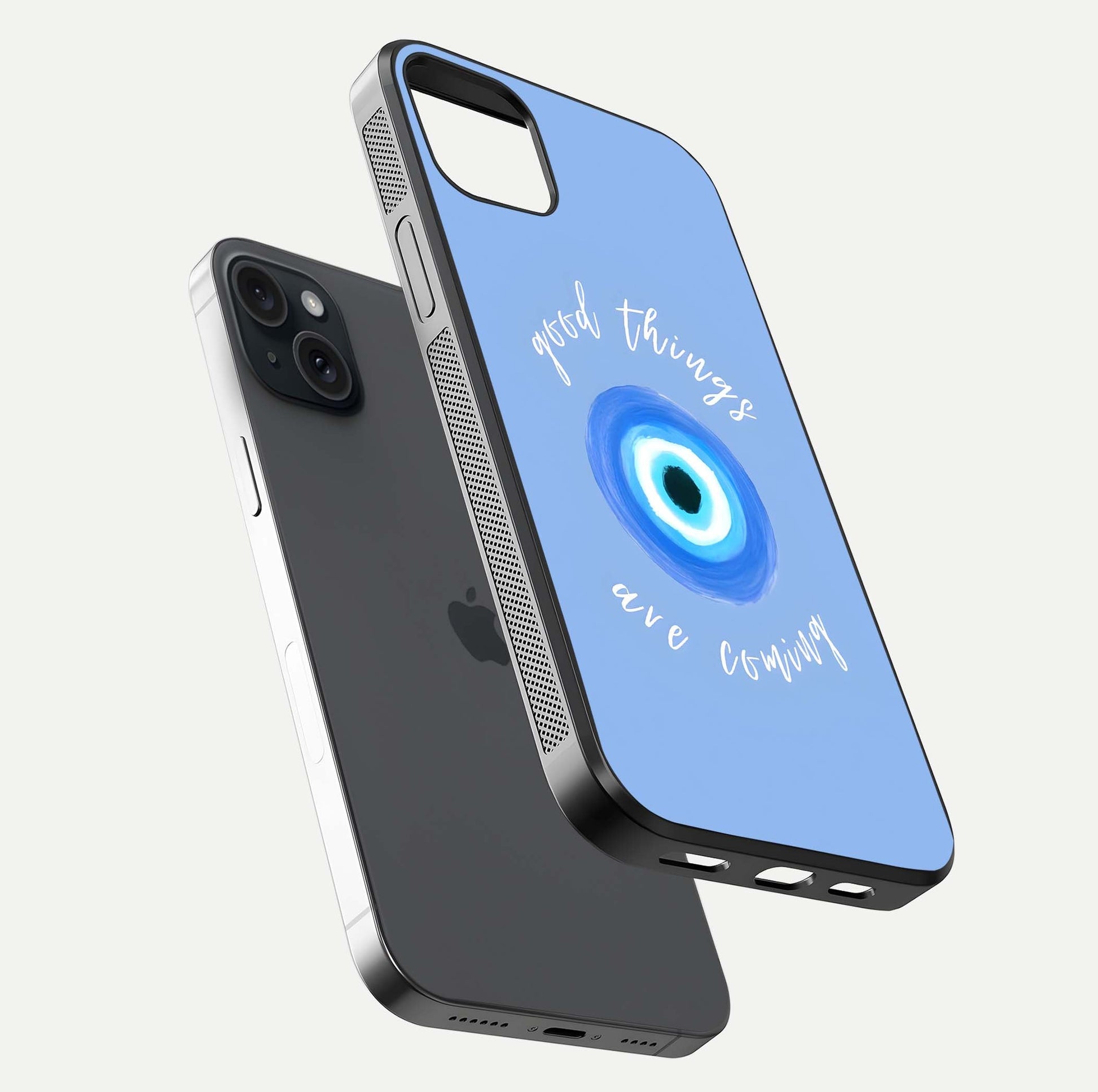 Bright Future Ahead Glass Case for iPhone 15 Plus floating mockup showing sleek design and positive quote print