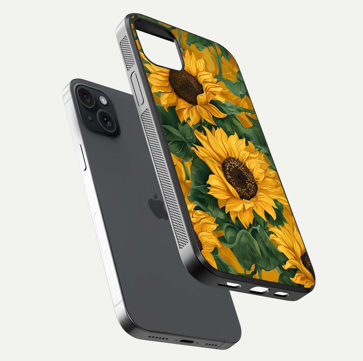 Bright Sunflower Bloom Glass Case for iPhone 15 Plus floating mockup capturing vibrant tones and gloss surface