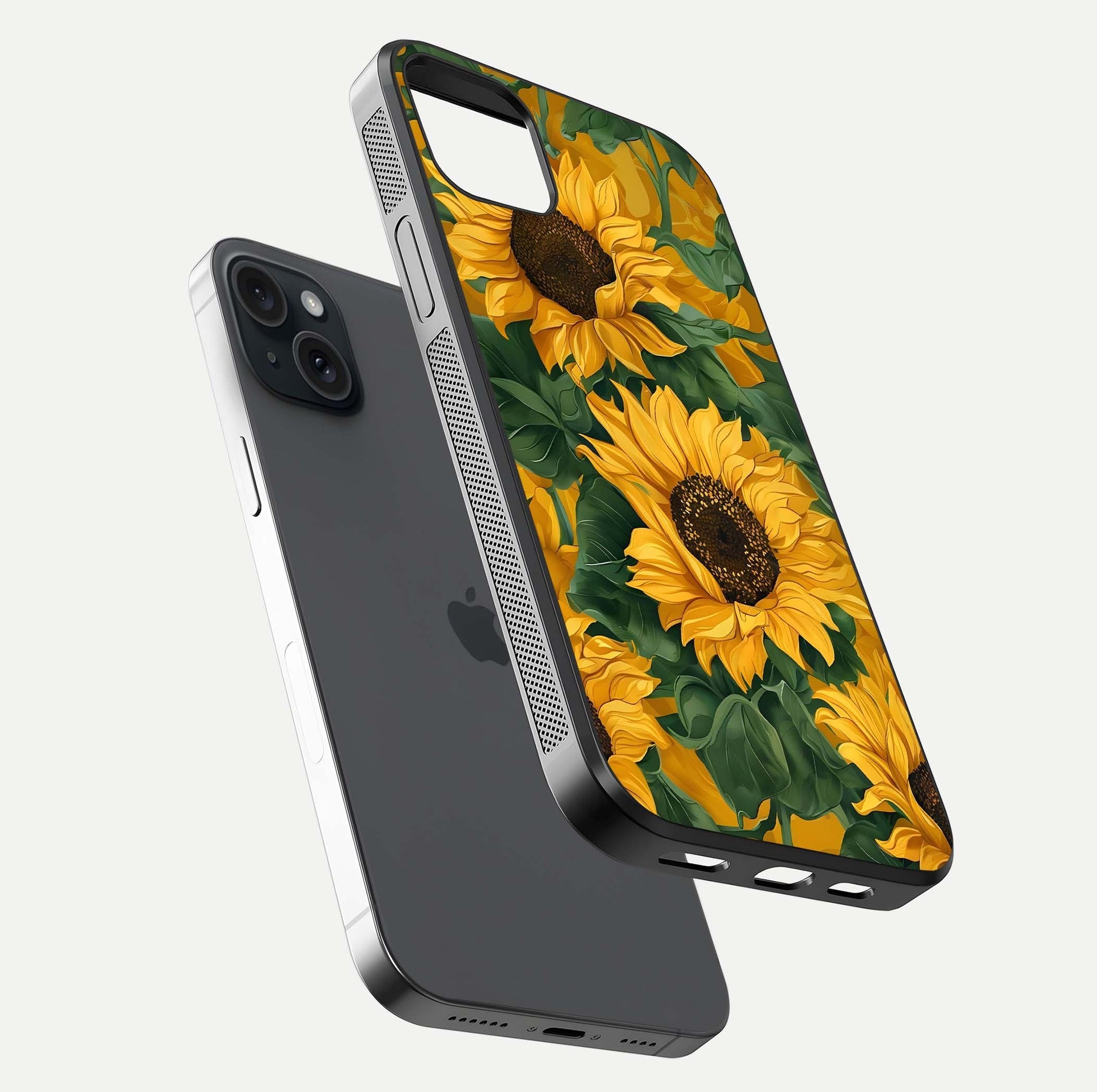 Bright Sunflower Bloom Glass Case for iPhone 15 Plus floating mockup capturing vibrant tones and gloss surface