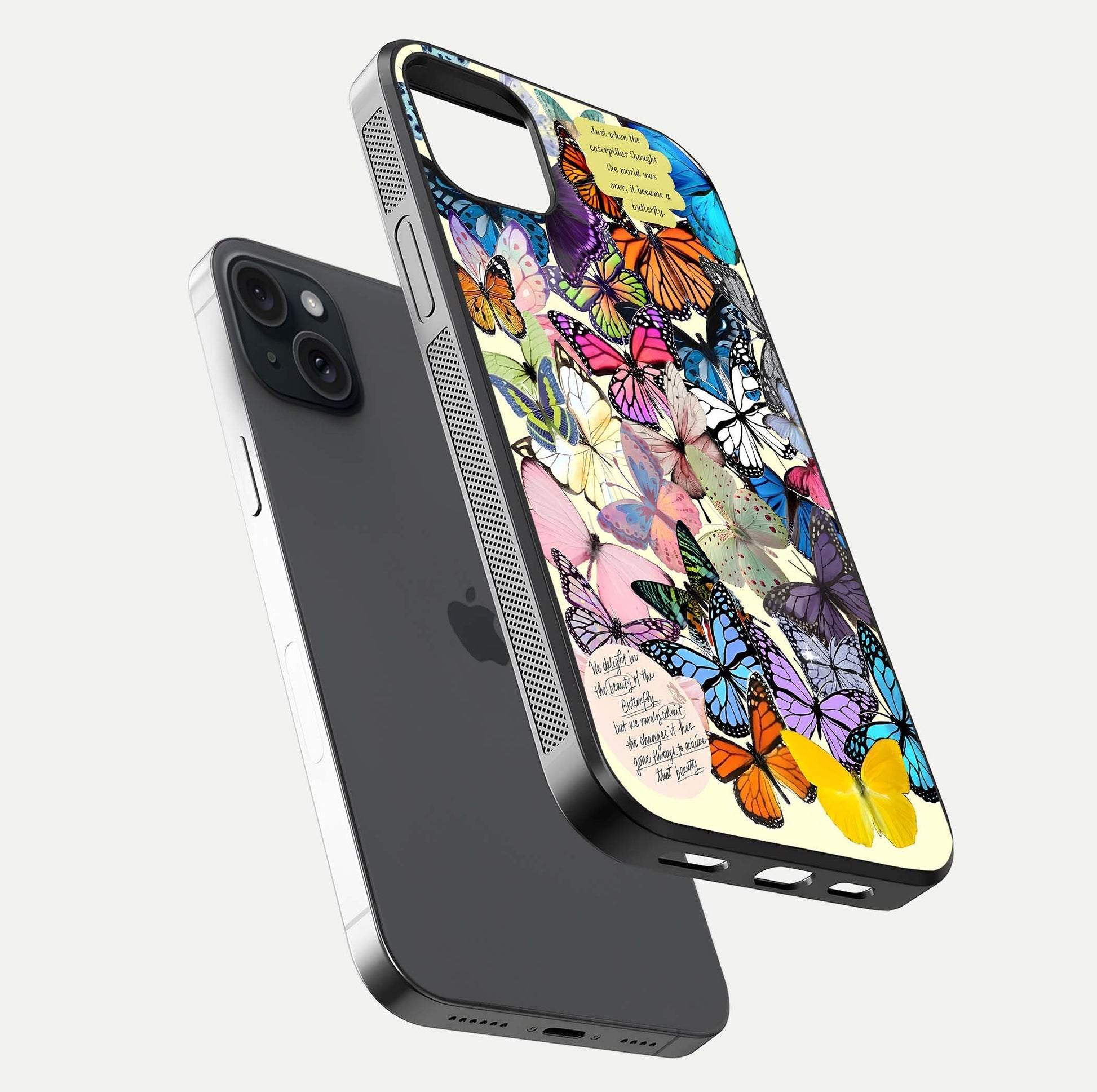Butterflies Petal Dream Glass Case for iPhone 15 Plus floating mockup displaying detailed print and premium glass glow