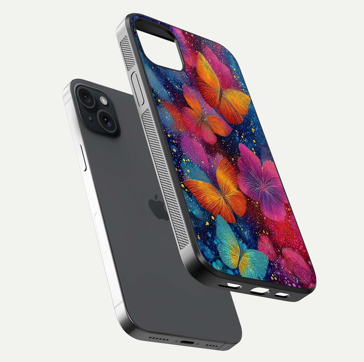 Butterfly Dream Mist Glass Case for iPhone 15 Plus floating mockup displaying glass shine and ethereal art depth