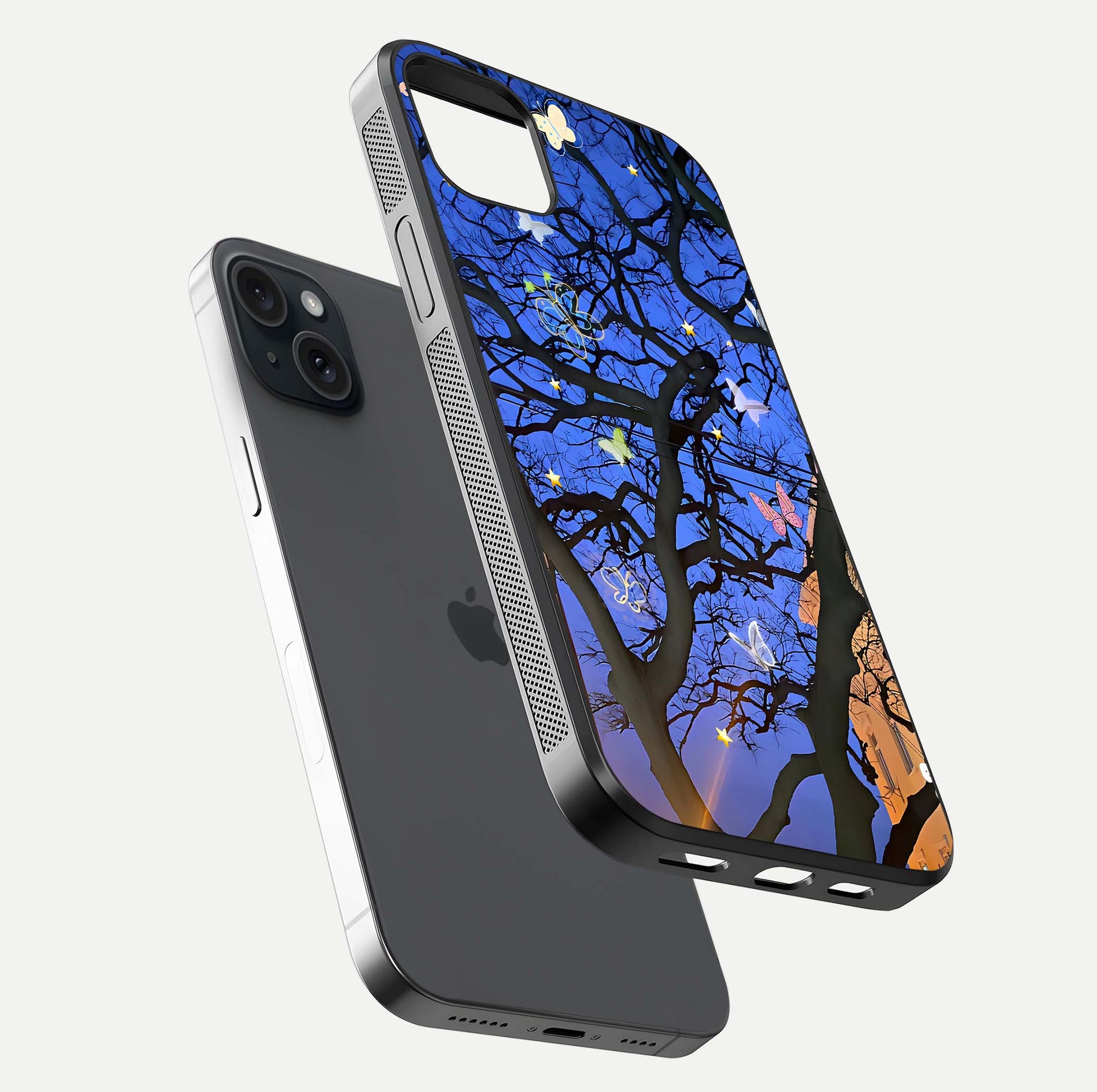 Butterfly Night Magic Glass Case for iPhone 15 Plus floating mockup showing night glow and smooth polish