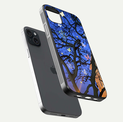 Butterfly Night Magic Glass Case for iPhone 15 Plus floating mockup showing night glow and smooth polish