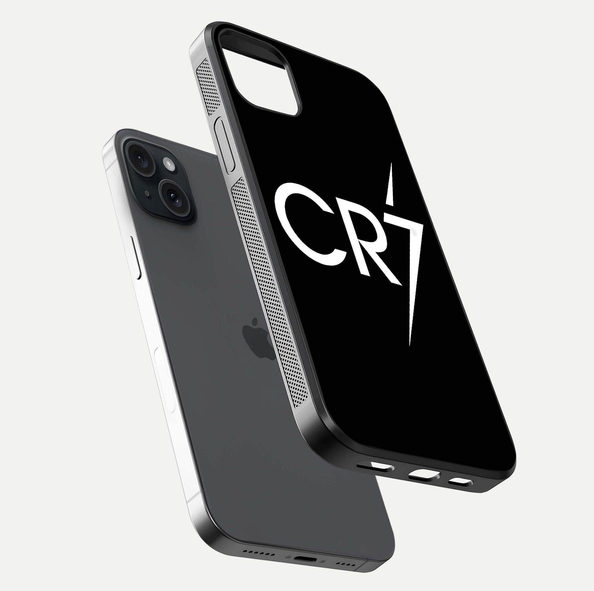 CR7 Elite Strike Glass Case for iPhone 15 Plus floating mockup displaying HD gloss and sporty texture