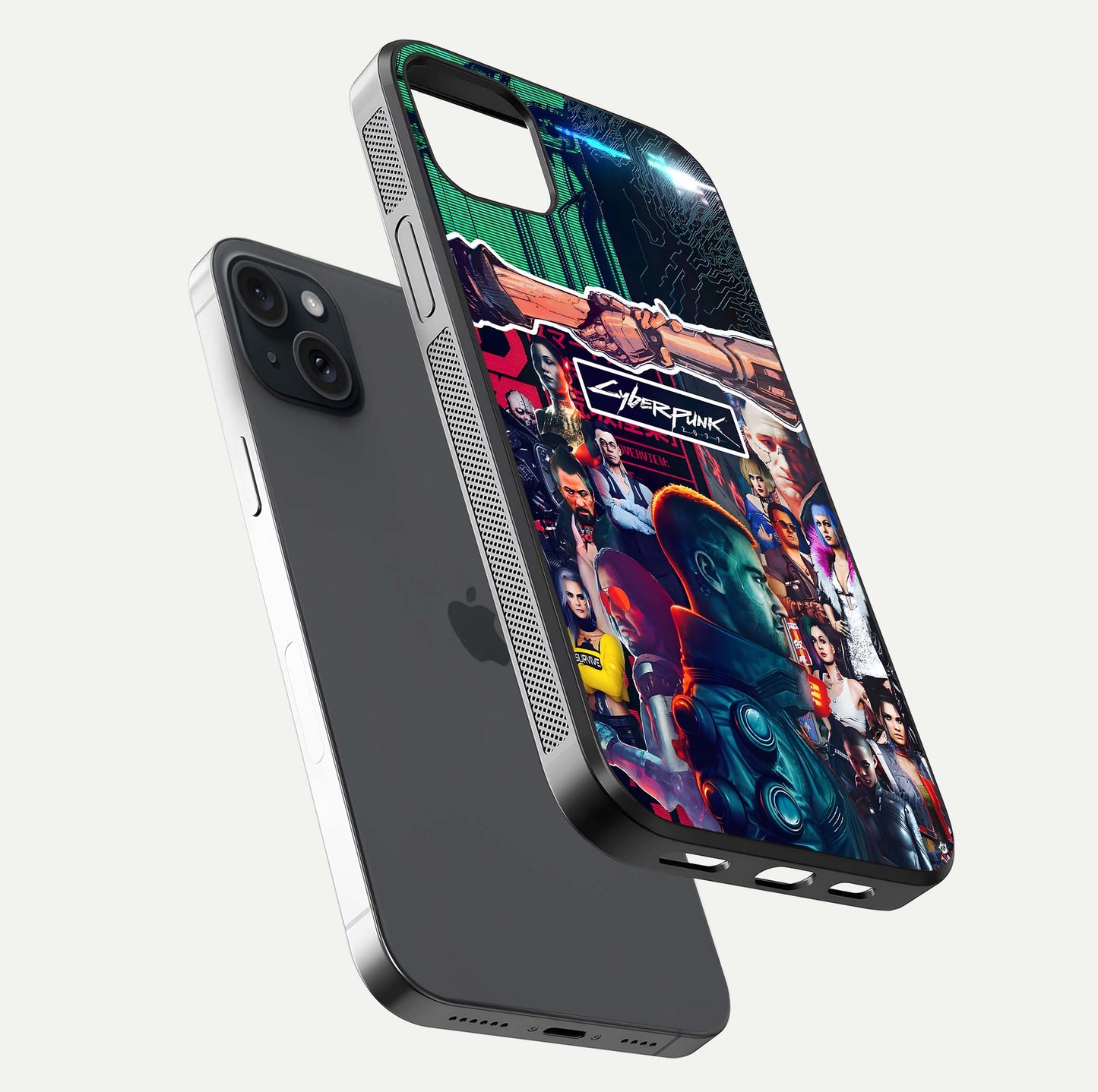 CYBERPUNK Legacy Glass Case for iPhone 15 Plus floating mockup showing HD gloss and neon glow detail