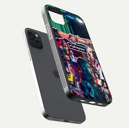 CYBERPUNK Legacy Glass Case for iPhone 15 Plus floating mockup showing HD gloss and neon glow detail