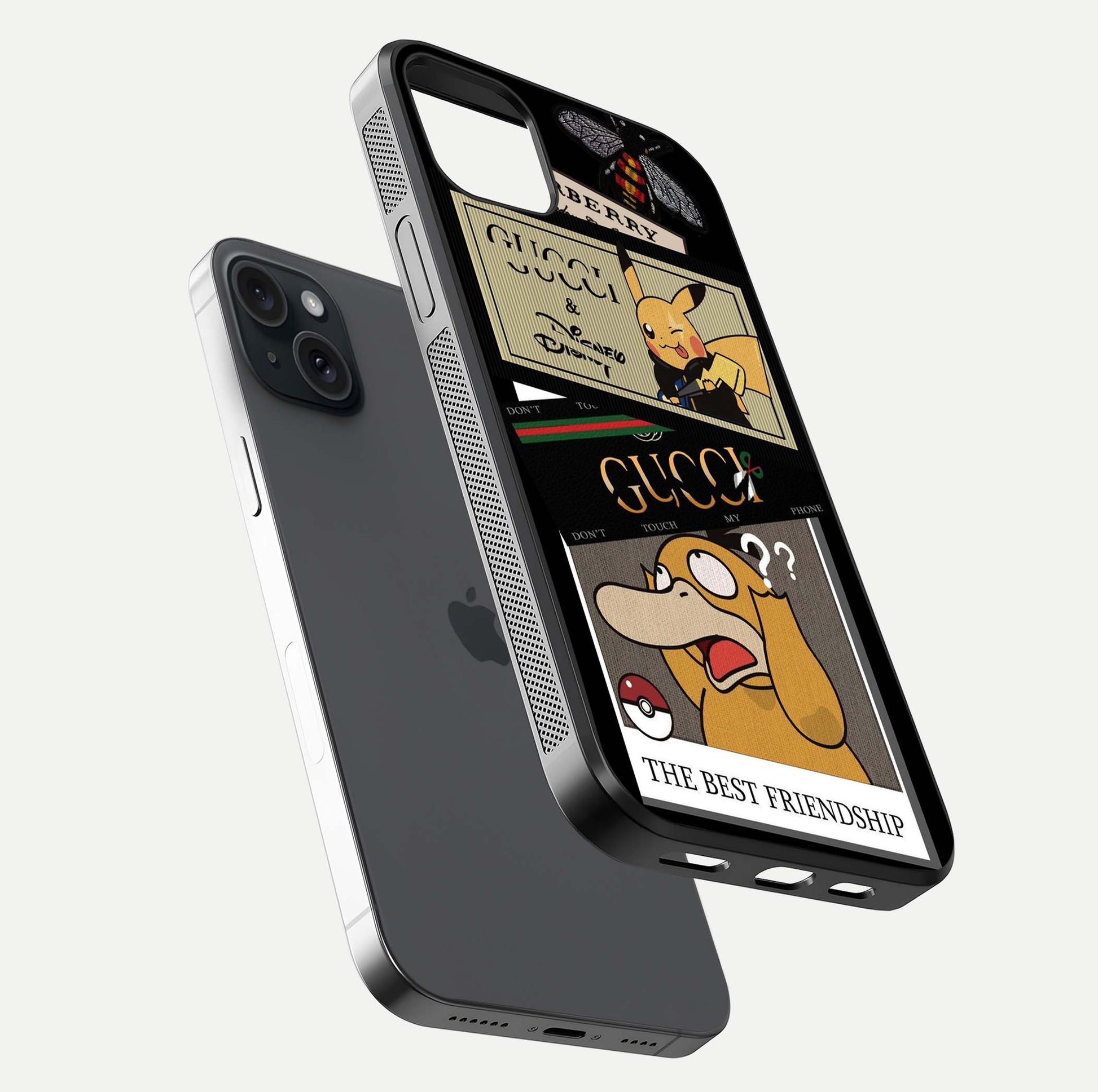Cartoon Brand Play Mashup Glass Case for iPhone 15 Plus floating dual-view mockup showing gloss surface and vivid reflection