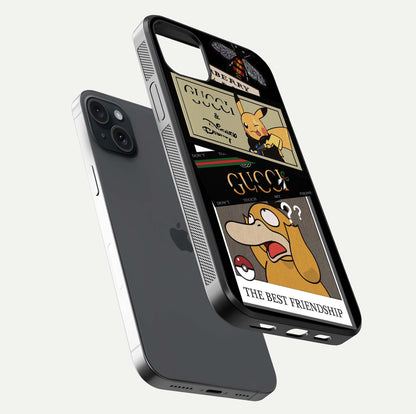 Cartoon Brand Play Mashup Glass Case for iPhone 15 Plus floating dual-view mockup showing gloss surface and vivid reflection