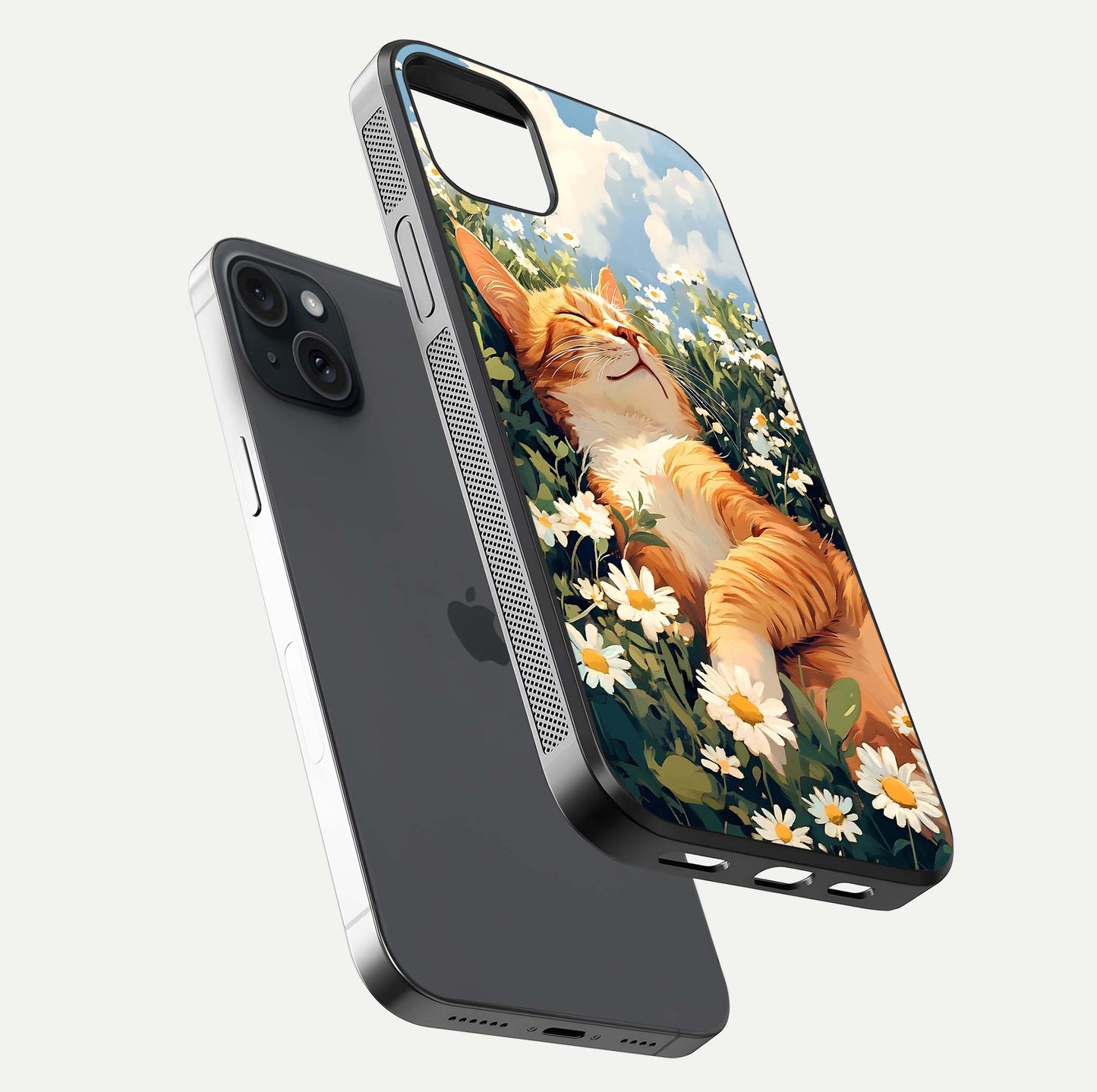 Cat & Flowers View Glass Case for iPhone 15 Plus floating mockup showing design reflection and protective edges