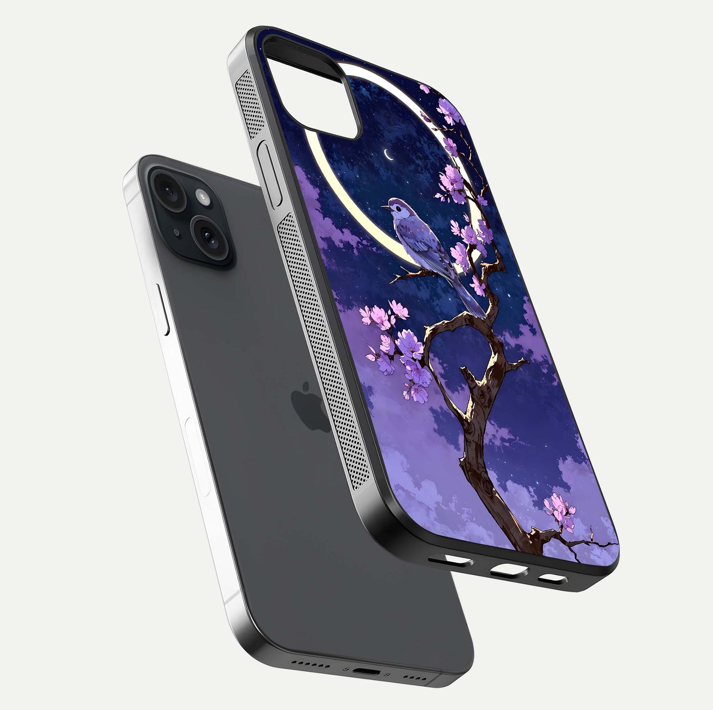 Celestial Bird Blossom Glass Case for iPhone 15 Plus floating mockup showing cosmic floral tones and HD gloss