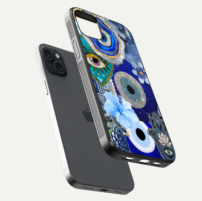 Celestial Blue Vision Glass Case for iPhone 15 Plus floating mockup showing gloss depth and night-sky pattern